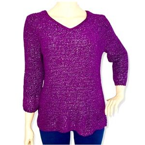 🌺 Chicos Knit Sweater Womens XL Purple Metallic Sequin V Neck Pullover